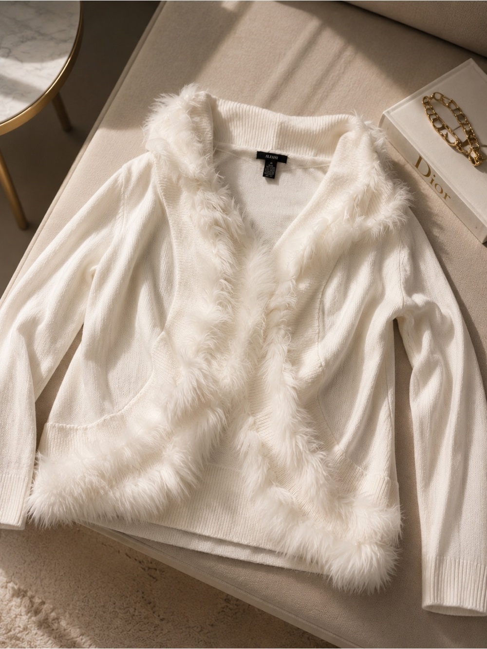 Alfani Ivory Open-Front Cardigan with Faux-Fur Trim